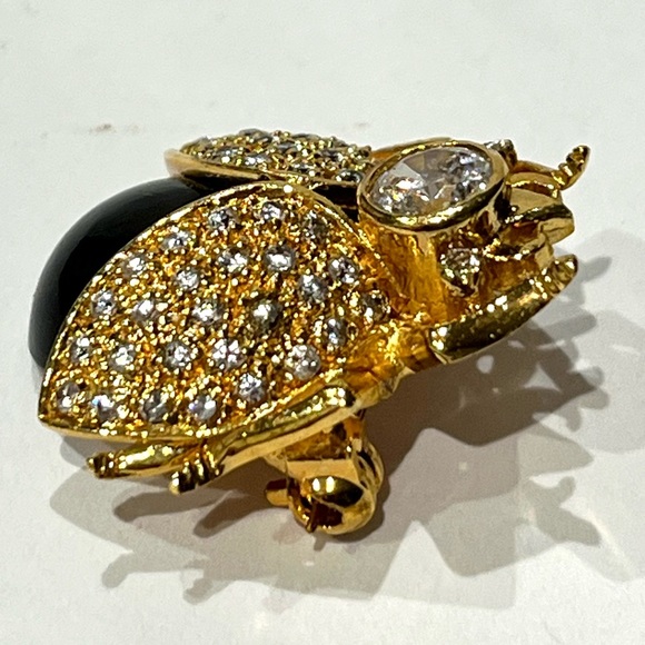 Seta Bug Pin/Brooch Black Cabochon Stone, Gold Tone with Clear Rhinestone - Picture 3 of 6